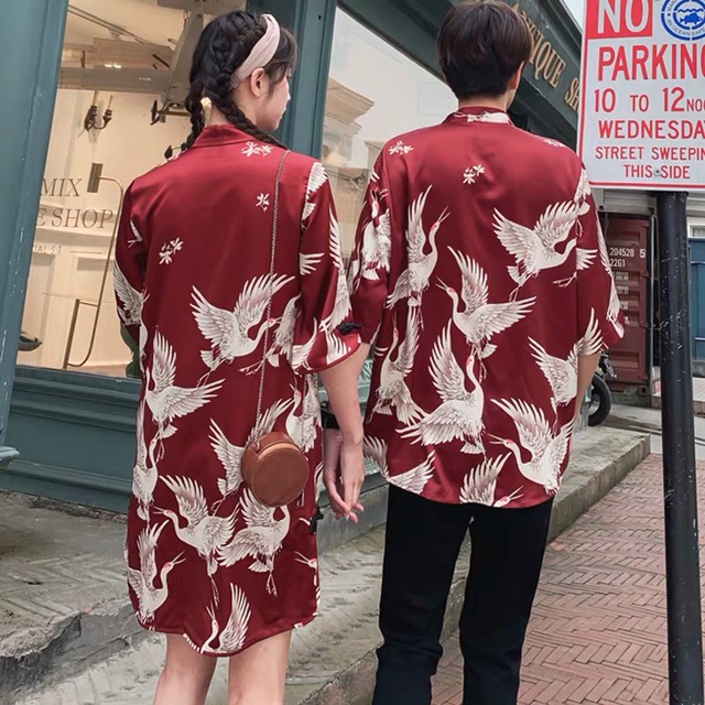 Set đồ đôi couple chim hạc trắng áo váy đỏ cực sang chảnh