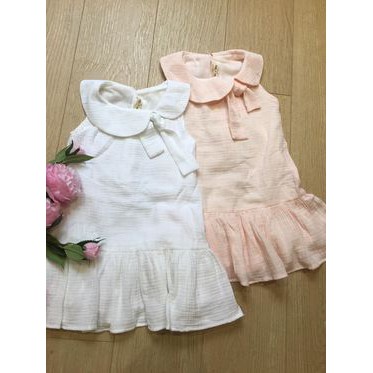 <Ellie & Tilly> Áo đầm bé gái xô muslin cotton linen thô hồng trắng 12-21kg sát nách không tay cổ lá sen nơ cổ 2 lớp