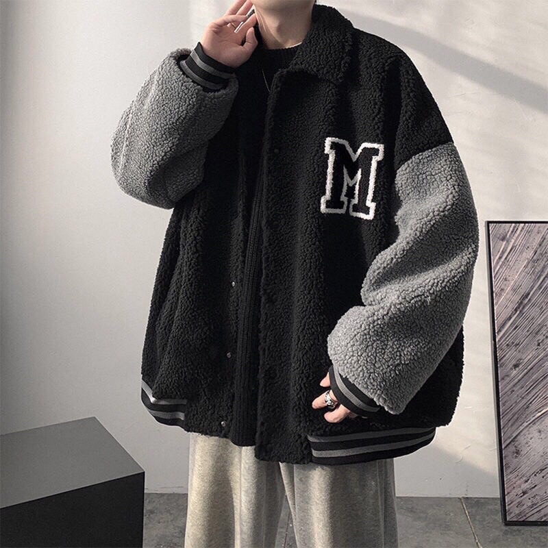 Áo Khoác Mũ Lông Thêu Chữ M Pha Tay Dáng Rộng Phong Cách Unisex Thời Trang Cá Tính(Hàng Sẵn -Ảnh Thật)