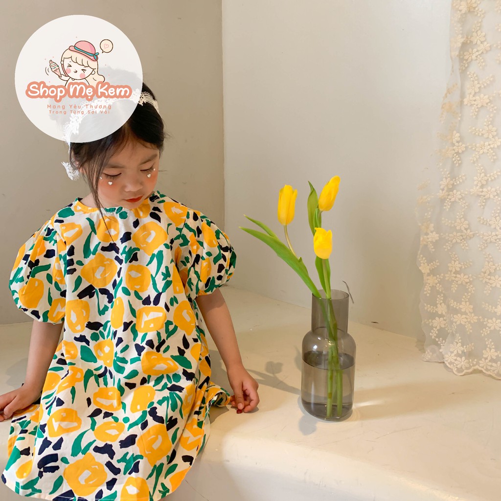 Váy Bé Gái Hoa Vàng Style Hàn Vải Thun Mềm Sờ Mát Tay Kèm Ảnh Thật