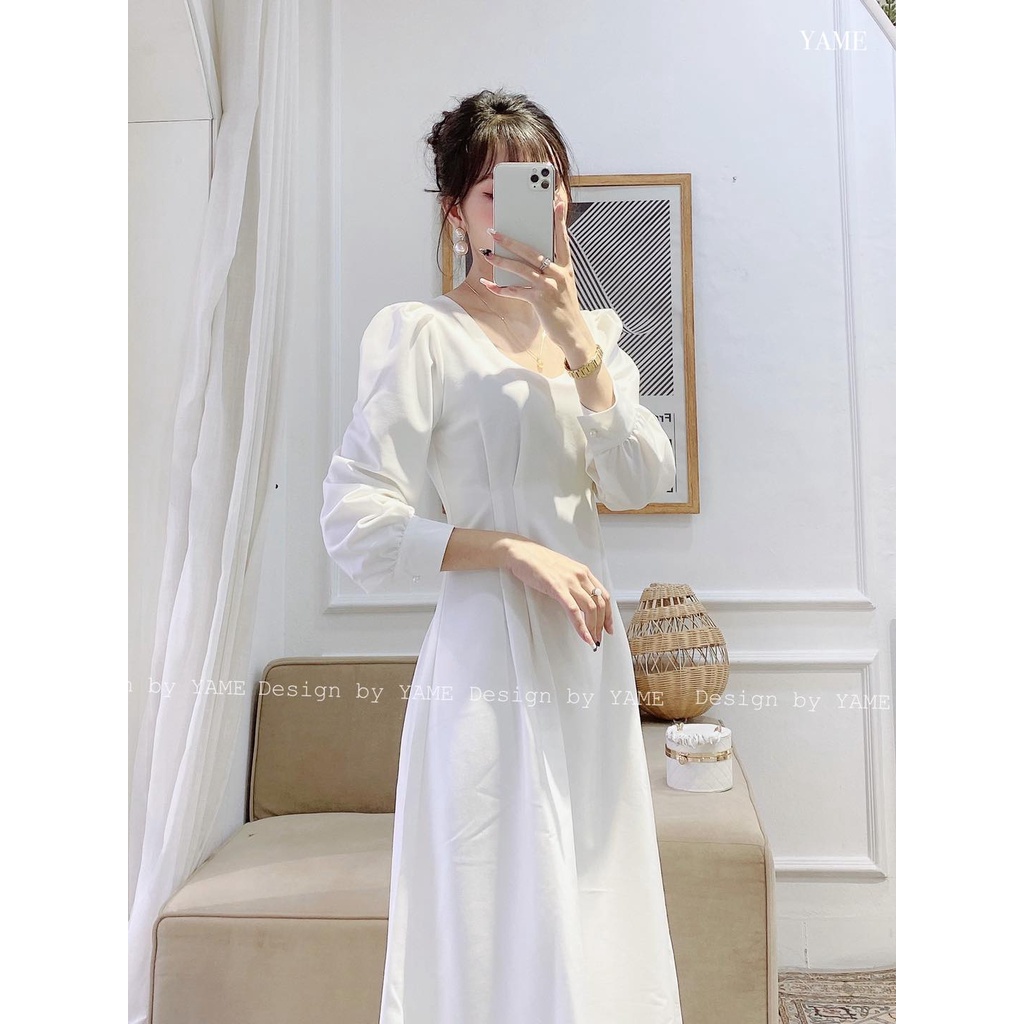 Váy đầm trắng dài tay cổ vuông dáng suông chiết li eo cực sang Anne YAME