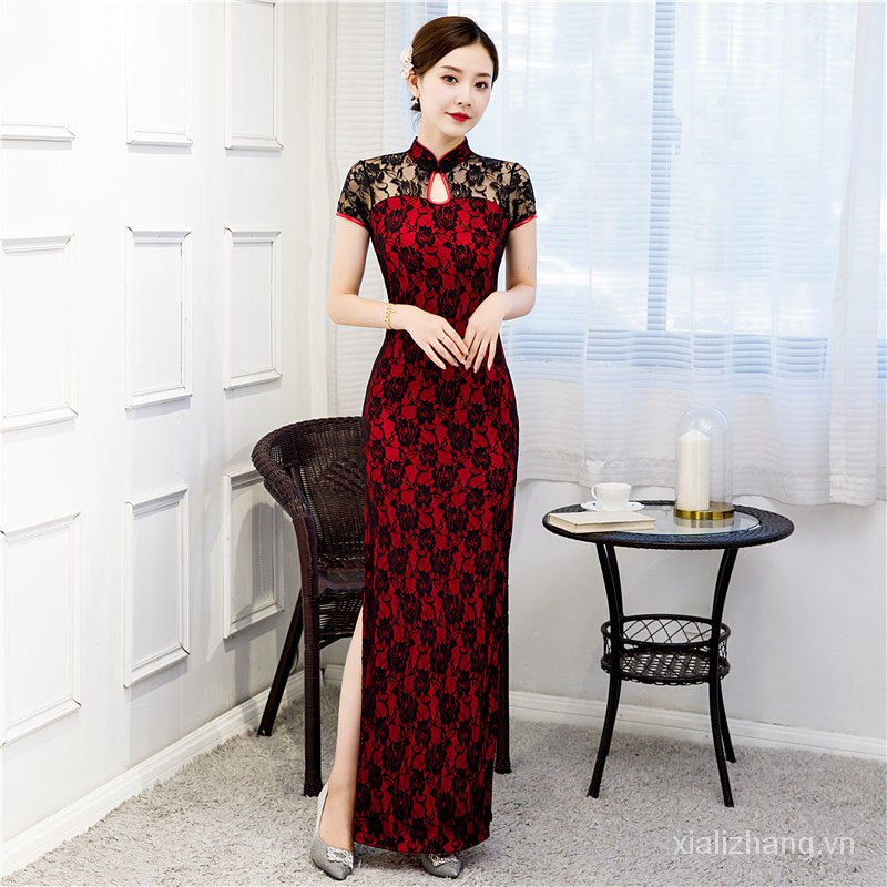 Hàng mới về Đầm sườn xám tay ngắn dáng dài phong cách vintage size S-5XL màu đen đỏ pN2P