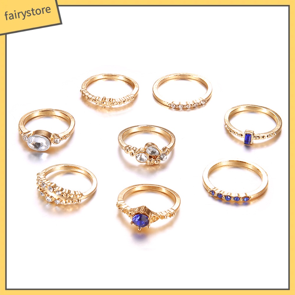 Set 8 Nhẫn Đính Đá Phong Cách Cổ Điển Thanh Lịch Dành Cho Nữ