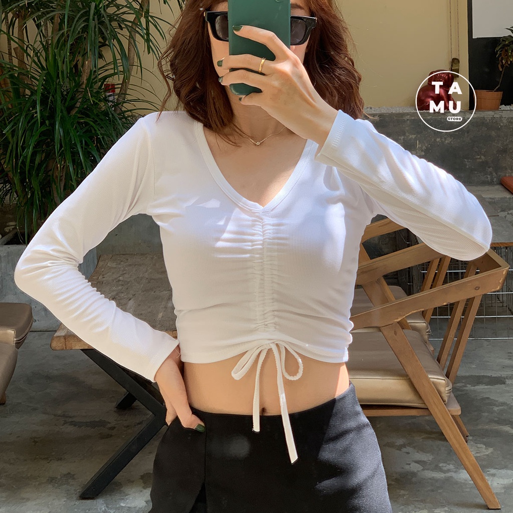 Áo croptop tay dài rút dây chất thun gân dày dặn kiểu dáng basic dễ phối đồ - CT08