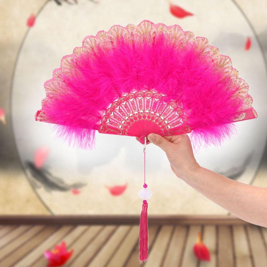 1 Quạt Lông Vũ Gấp Gọn Màu Sắc Tươi Sáng Kèm Phụ Kiện Hóa Trang Lolita