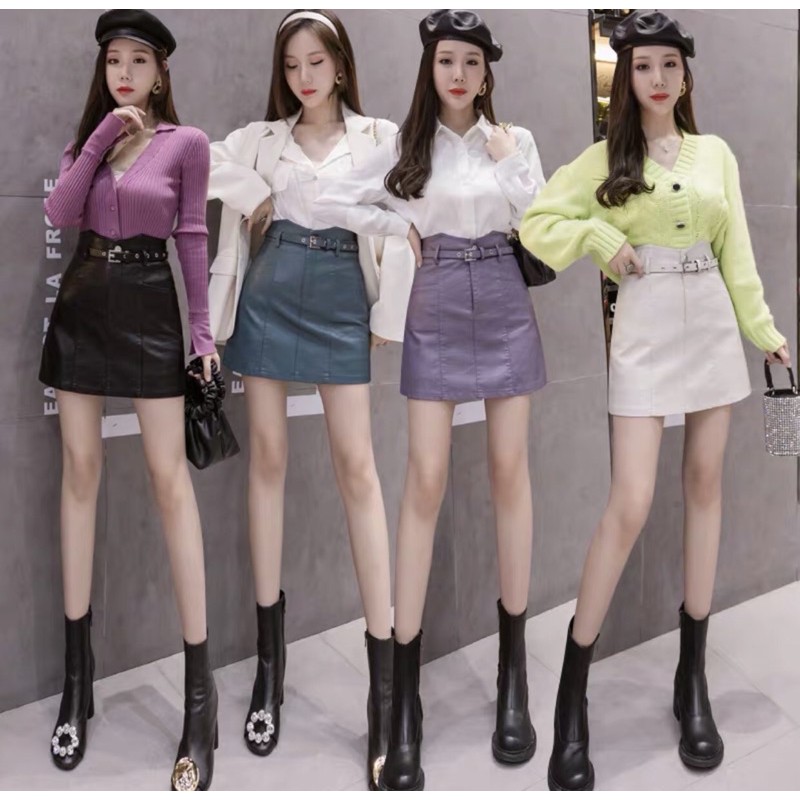 Chân váy da phong cách màu đỏ đô