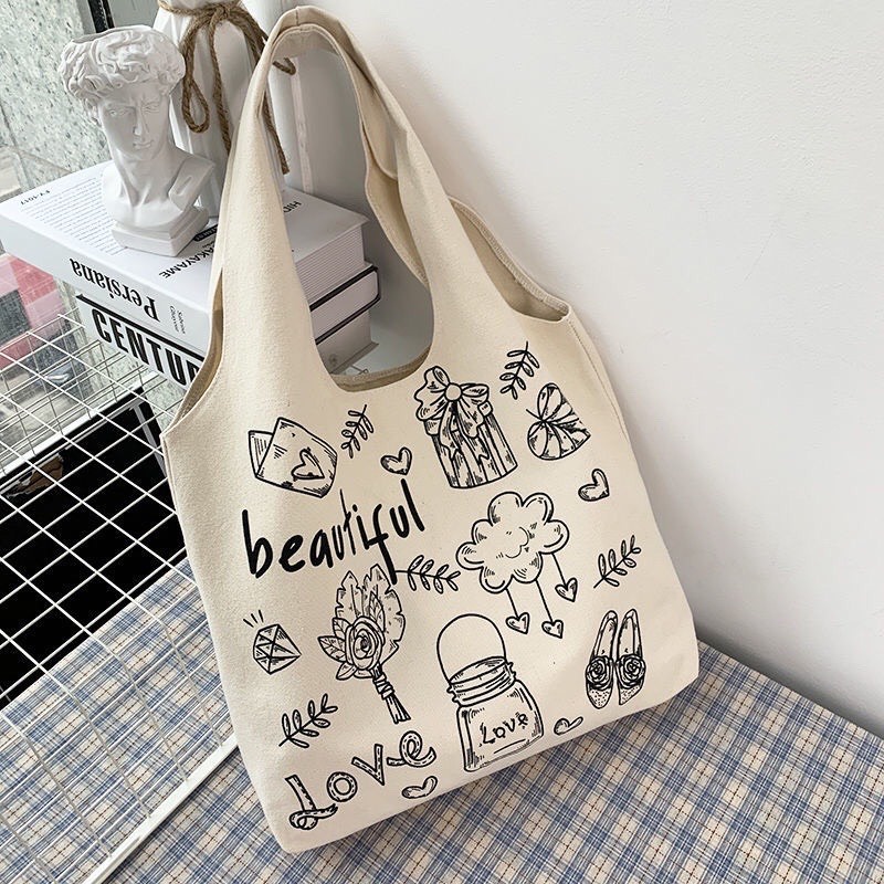 Túi tote vải bố đựng đồ canvas đeo vai phong cách Hàn Quốc,tote thời trang đeo vai,vải canvas loại tốt HZ 32