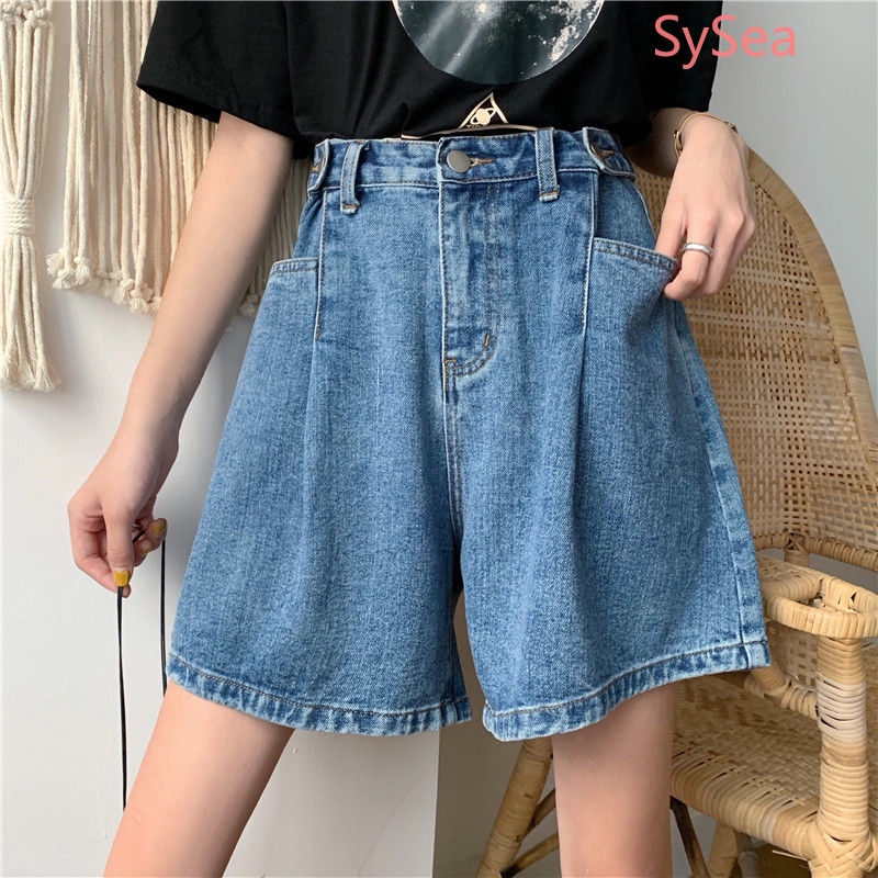 Quần Short Denim Ống Rộng Lưng Cao Phong Cách Hàn Quốc Dành Cho Nữ