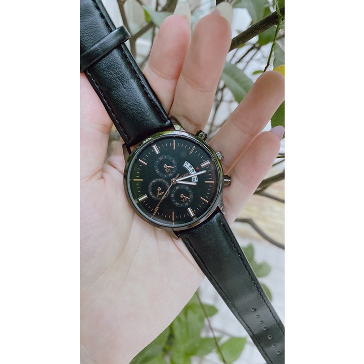 Đồng hồ pin nam FNGEEN dây da, có lịch ngày, chạy 3 kim
