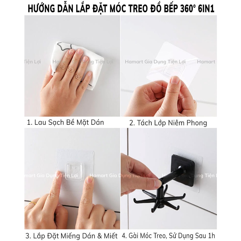 Giá Móc Treo Đồ Nhà Bếp Nhà Tắm Đa Năng Hamart 6IN1 XOAY 360° Kèm Miếng Dán Tường Siêu Dính