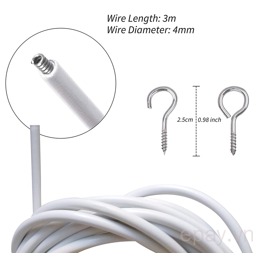 Bộ dây treo rèm cửa sổ bằng thép không gỉ + PE màu trắng kèm móc bằng nhựa PE dài 3M