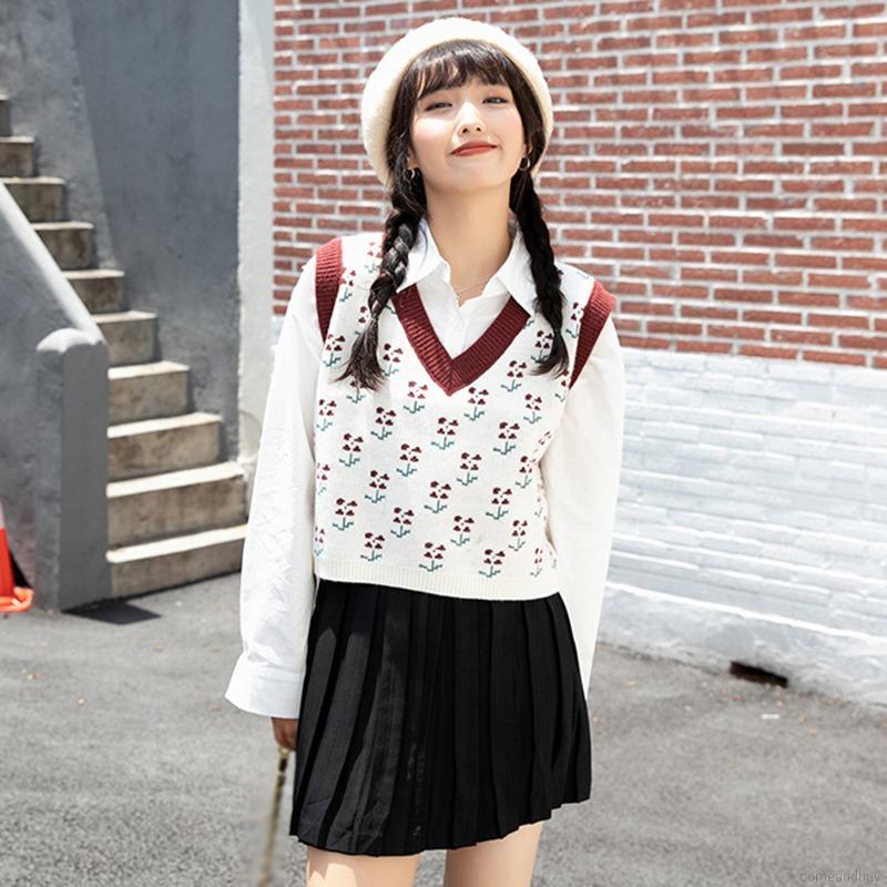 Áo Dệt Kim Sát Nách Cổ Chữ V Màu Sắc Tương Phản Phong Cách Retro Hàn Quốc | BigBuy360 - bigbuy360.vn