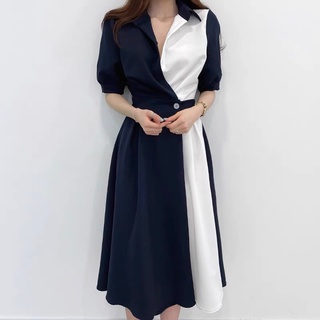 ✨bán sỉ✨đầm phối 2 màu đai eo tay bồng