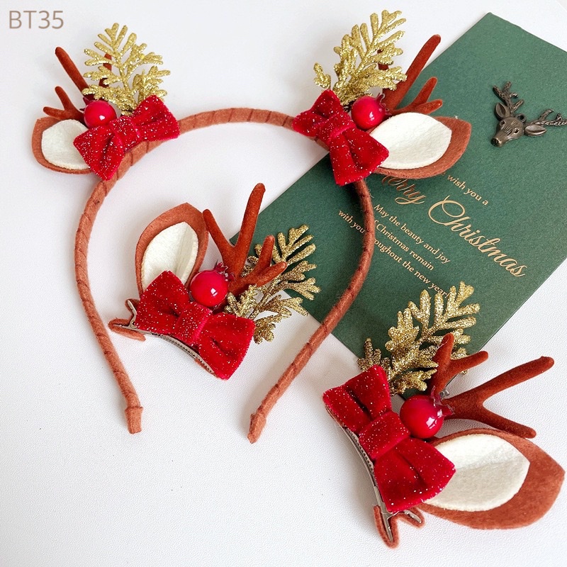 Bờm Tóc Giáng Sinh Noel Tuổi Teen Trẻ Em, Băng Đô Cài Tóc Cao Cấp Hình Sừng Tuần Lộc Gắn Nơ Đỏ, Bờm tóc Noel Cho Bé