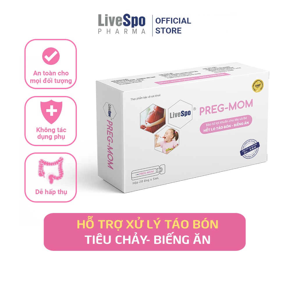 Men vi sinh cho bé LiveSpo Pregmom 60 tỷ bào tử lợi khuẩn hỗ trợ giảm táo bón rối loạn tiêu hóa - Hộp 20 ống x 5ml