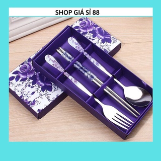 Bộ thìa đũa dĩa cá nhân bằng inox cán hoa cao cấp ( sét 3) 88151 KIM TRỌNG SHOP