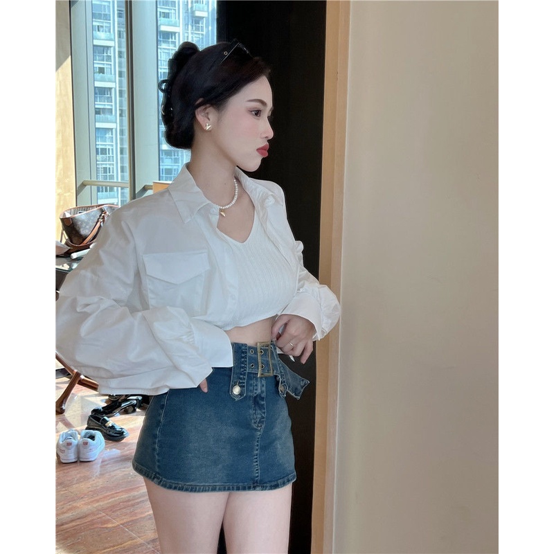 Áo Sơ Mi Tay Dài Dáng Rộng Cổ Polo Màu Xanh Dương Phong Cách Phương Tây Thời Trang Mùa Hè Mới 2022 Dành Cho Bạn Nữ