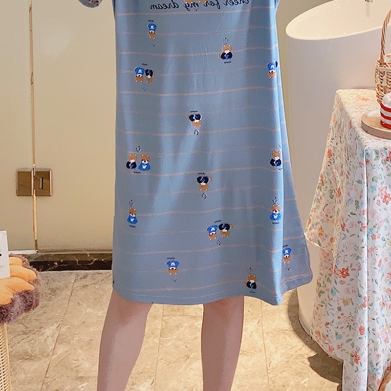 Đầm Ngủ Dáng Dài Tay Ngắn Cổ Tròn In Hình Động Vật Dễ Thương Cho Nữ