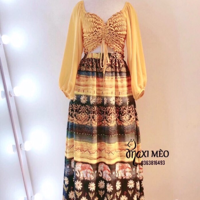 SET ÁO CROPTOP NHÚN THUN CHÂN VÁY THỔ CẨM