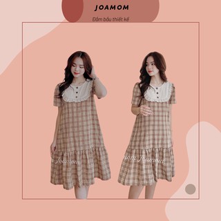Váy đầm bầu đẹp đuôi cá kẻ cảo trẻ trung cổ phối bèo Joamom V140