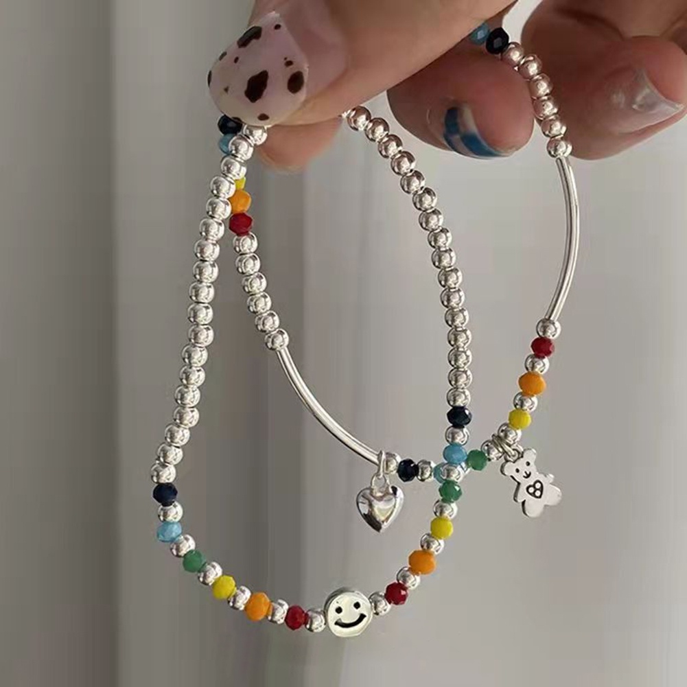 Vòng Tay Xỏ Hạt Màu Cầu Vồng Mặt Hình Gấu Cười Dễ Thương Thời Trang Cho Bạn Bè