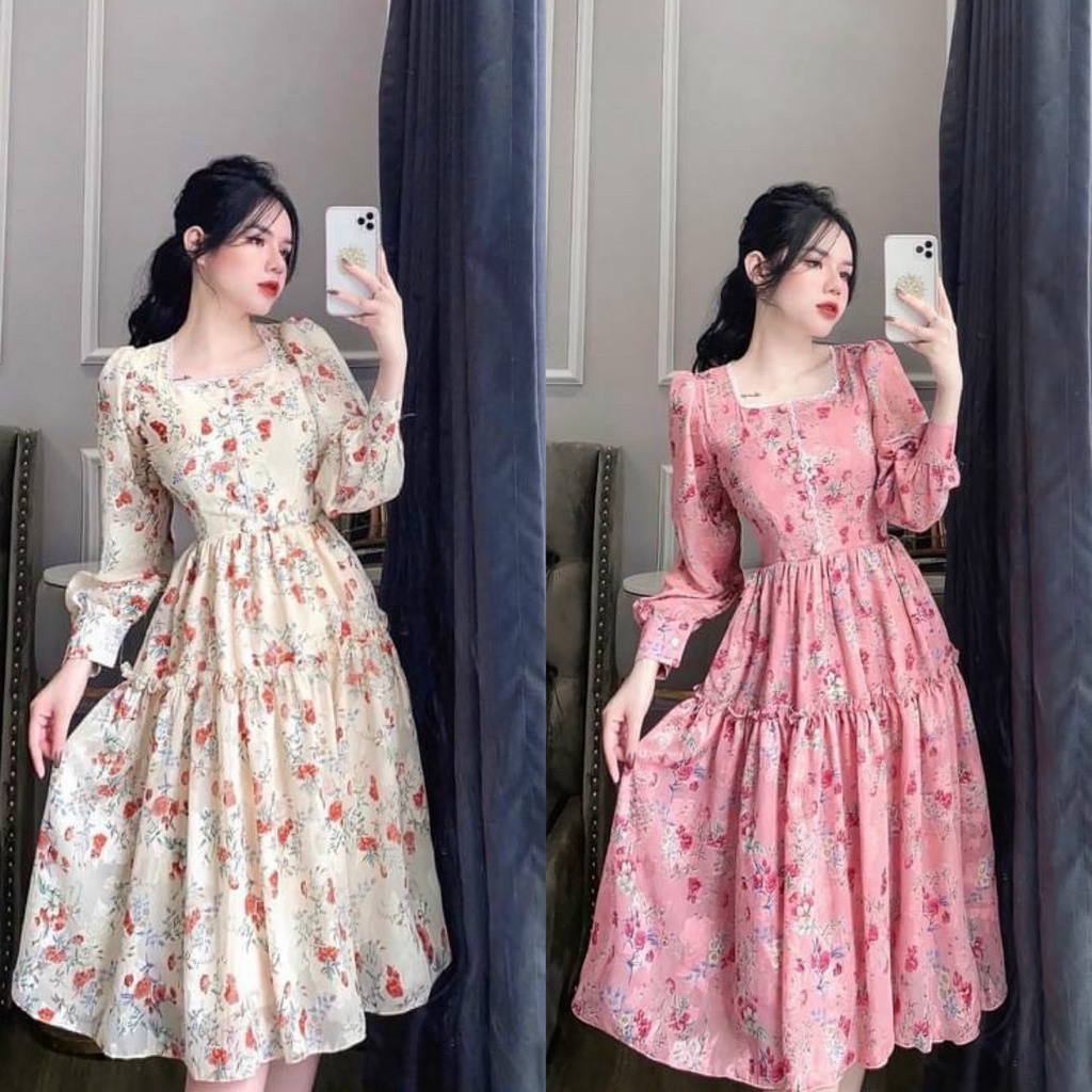 Đầm váy nữ cổ vuông phối viền xếp ly kết hợp tay dài cực sang chảnh, xinh xắn phù hợp cho các nàng đi chơi, dạo phố