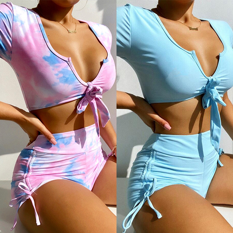 Short Sleeve Bikini Sexy Girls Split Swimsuit High Waist Swimsuit