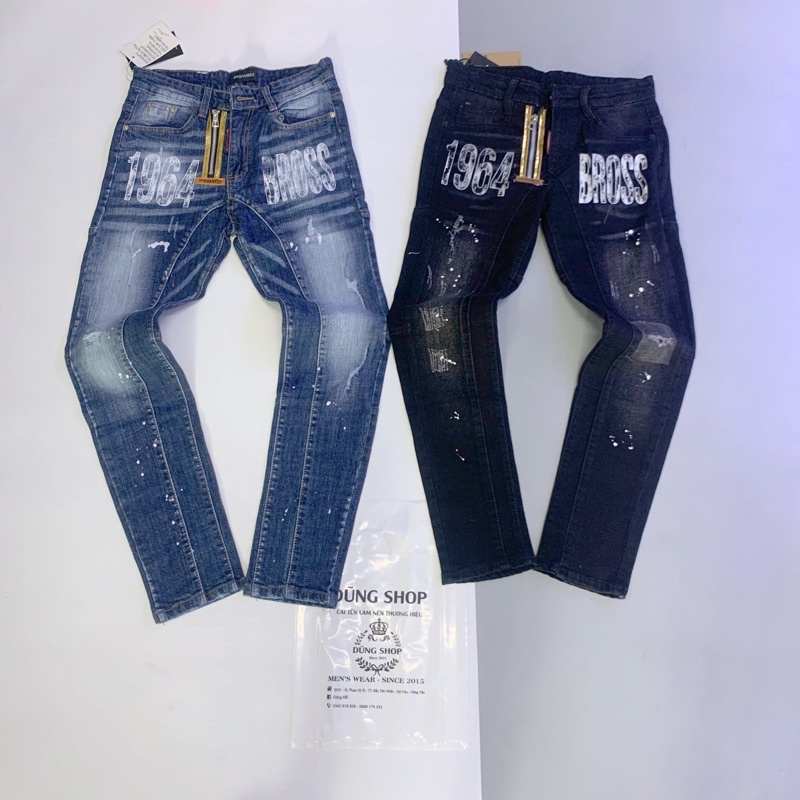 Quần Jean khoá lệch vàng hoạ tiết in chữ 1964 BROSS QJ36
