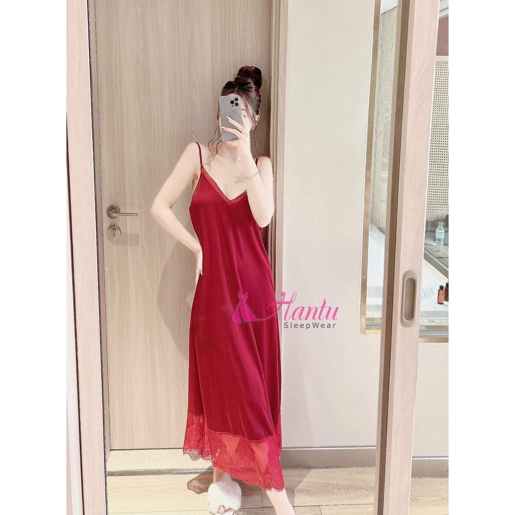 Đầm ngủ lụa dáng dài phối ren gấu Hantu Sleepwear đủ size 40 -100kg nhiều màu sắc | BigBuy360 - bigbuy360.vn