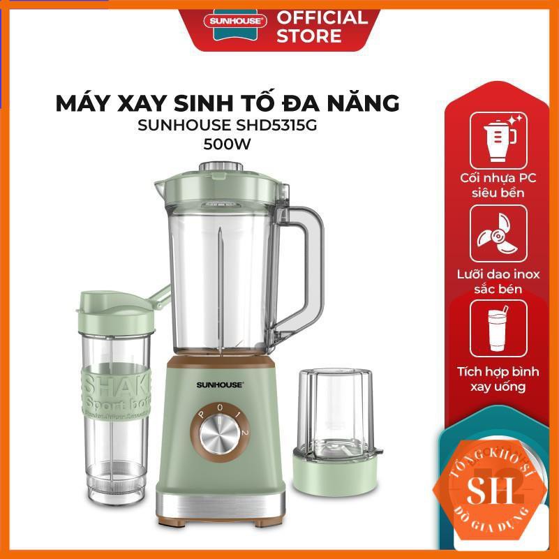 Máy Xay Sinh Tố, Máy Xay Sinh Tố Đa Năng Sunhouse SHD5315G  Công Suất Cao Xay Nhuyễn Mọi Loại Thực Phẩm- Tặng Bình