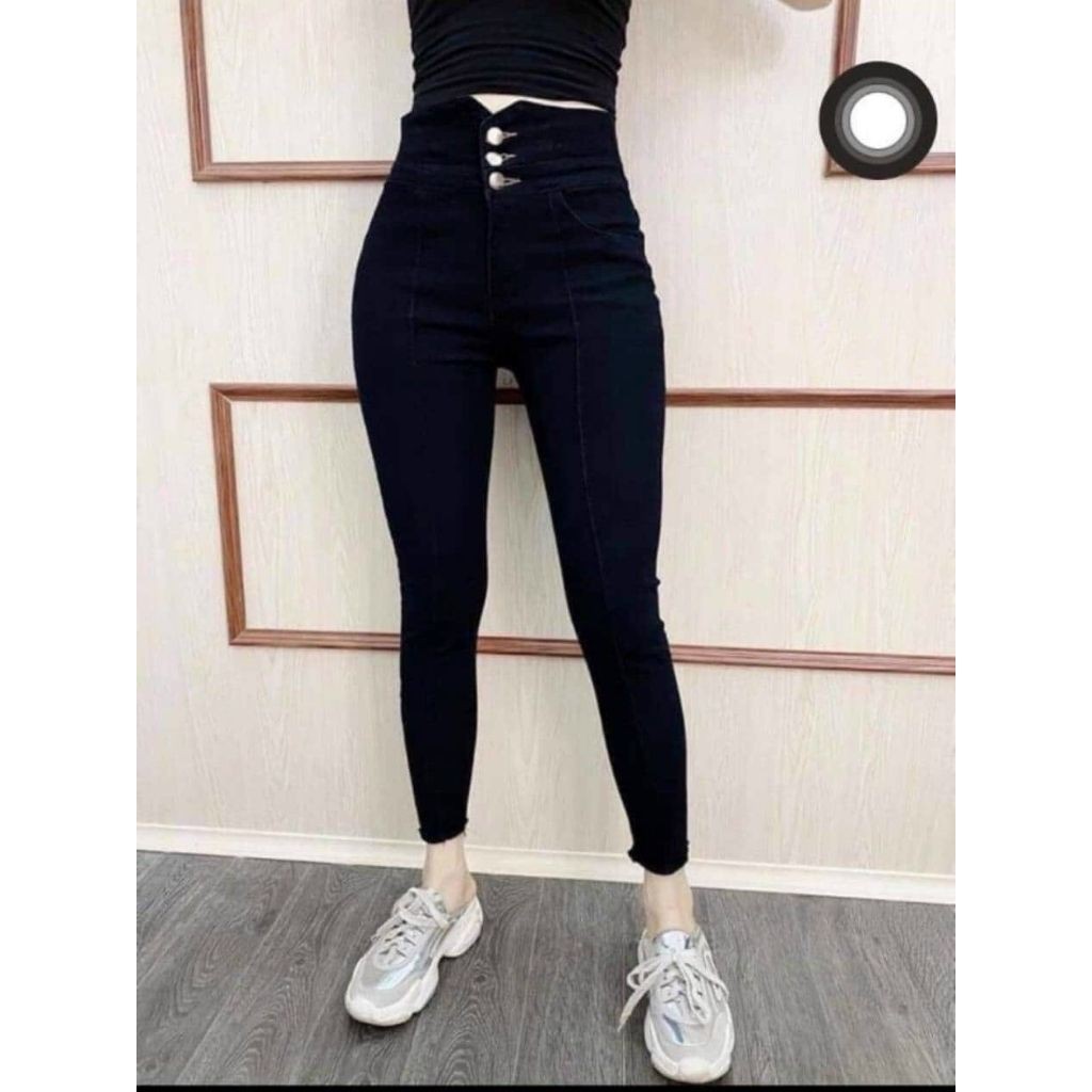 Quần Jeans Nữ - Quần Bò Nữ DRAU Đen Phối Cúc Xẻ Skinny Co Dãn Mạnh Cực Chất .shop.one