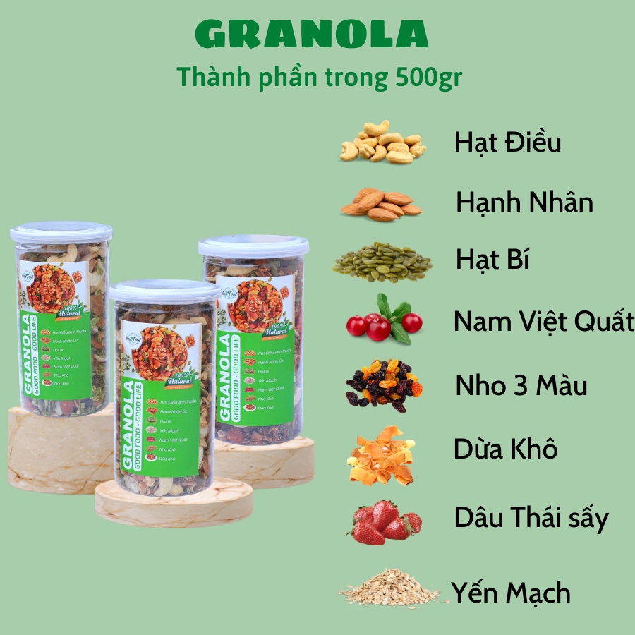 Granola siêu hạt mix 7 loại hạt dinh dưỡng ăn kiêng không đường - Ngũ cốc dinh dưỡng giảm cân nhiều vị hũ 500gr