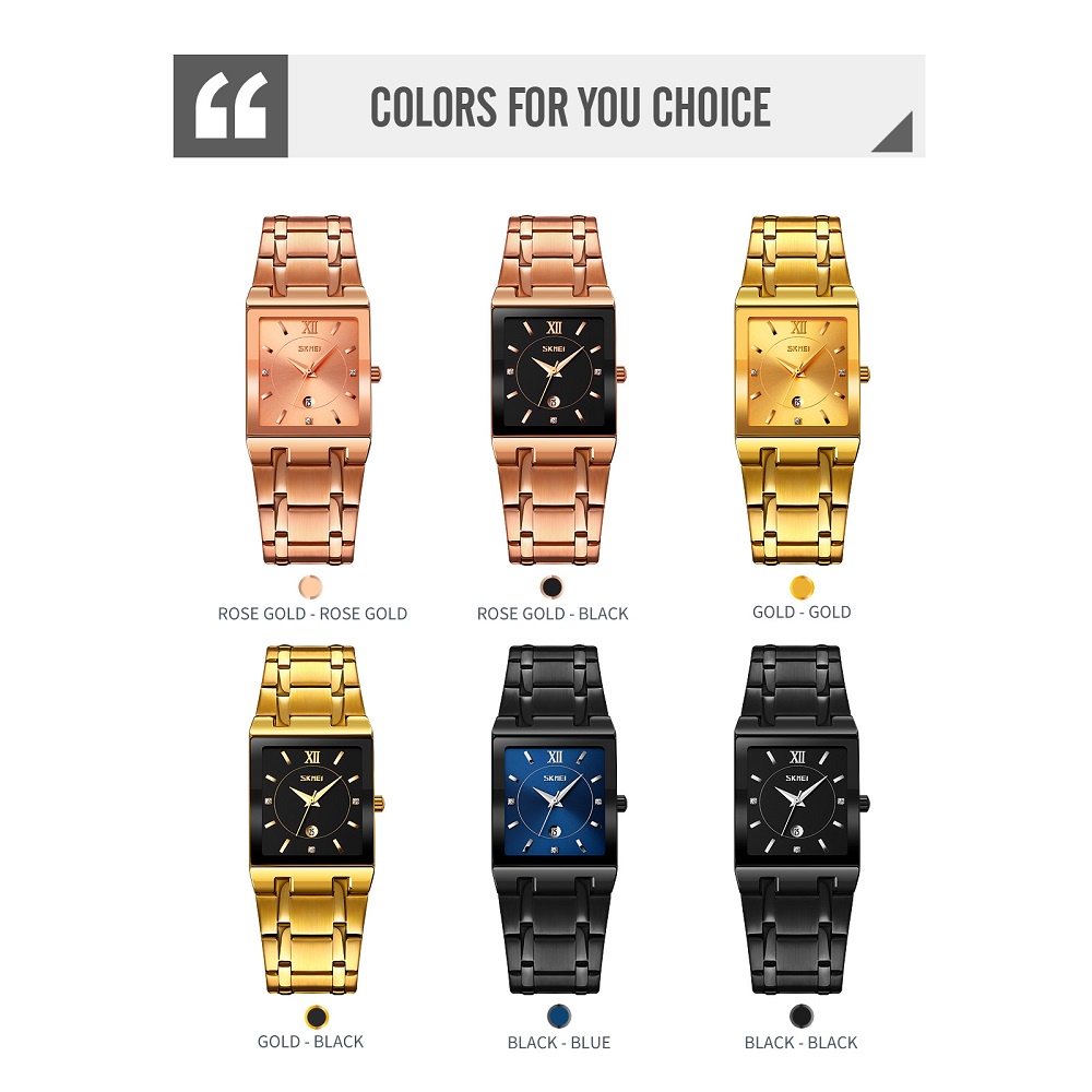 Đồng Hồ Đeo Tay Skmei Mặt Vuông Mạ Vàng Dây Thép Không Gỉ Chống Nước Thời Trang Cho Nam