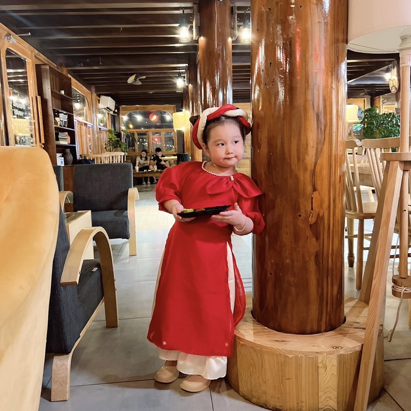 Sét Áo Dài Cách Tân Hoa Hồng Kèm Mấn Cho Bé Gái 4 Đến 30kg