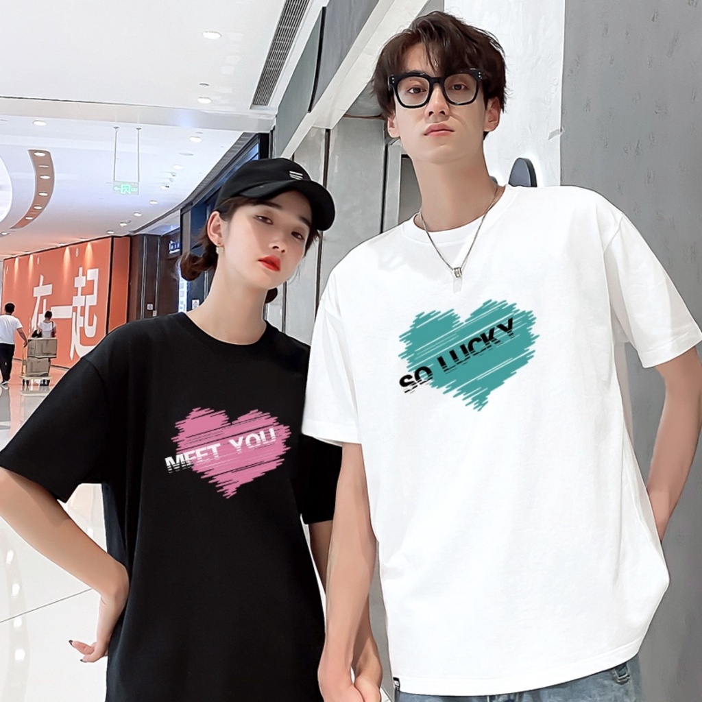 Áo thun nam nữ tay lỡ Hiyou, áo phong đôi nam nữ vải Cotton in hình trái tim hothit