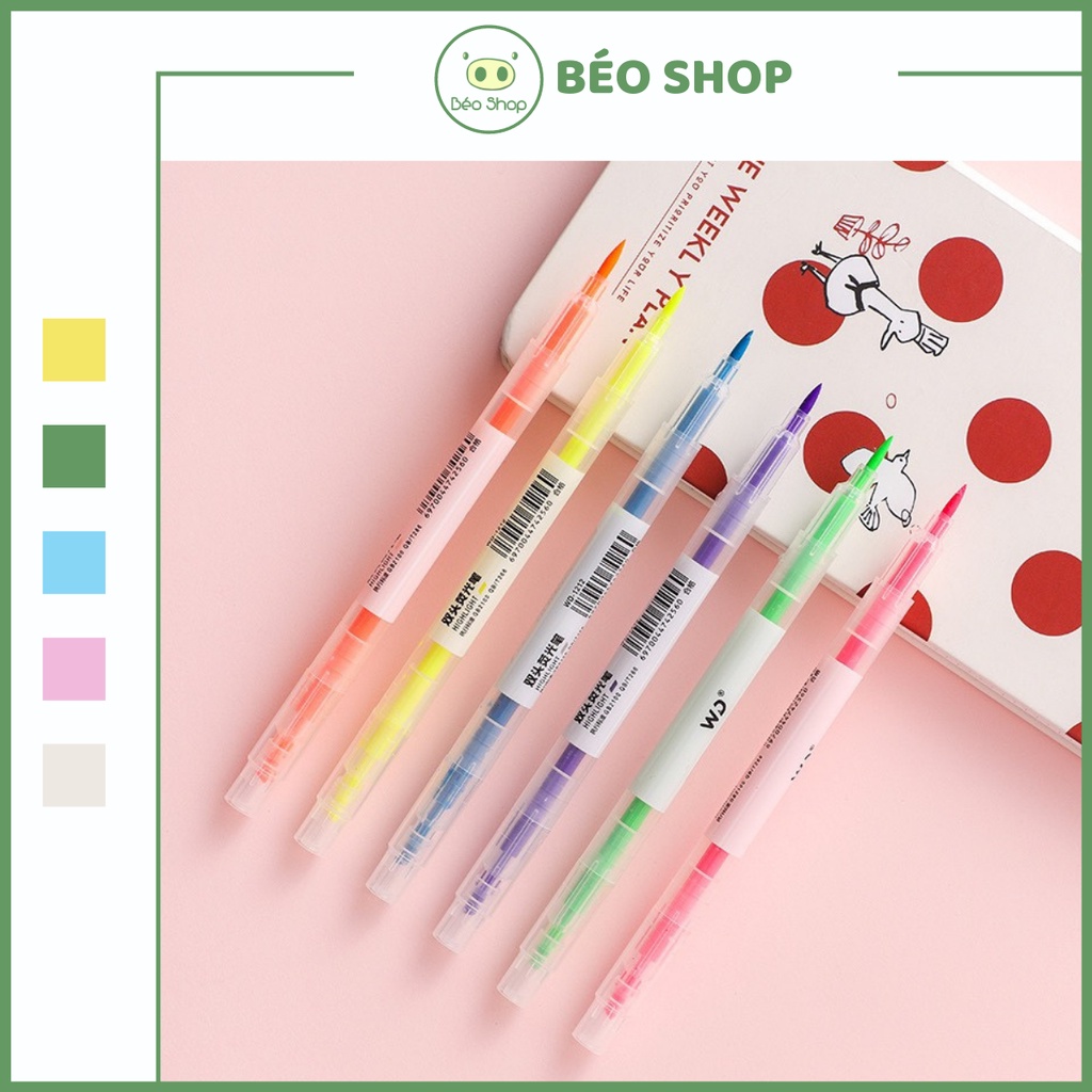 Set bút dạ quang highlight 2 đầu Béo shop , bút ghi chú đánh dấu nhiều màu marker dễ thương B08