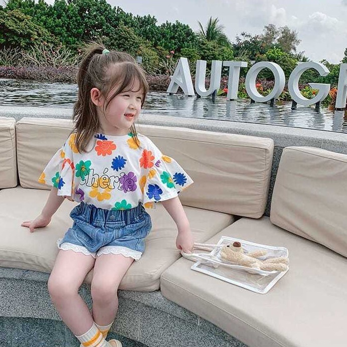 Set Áo Thun Ngắn Tay In Hoa + Quần Short Denim Thời Trang Hàn Quốc Mới Cho Bé Gái