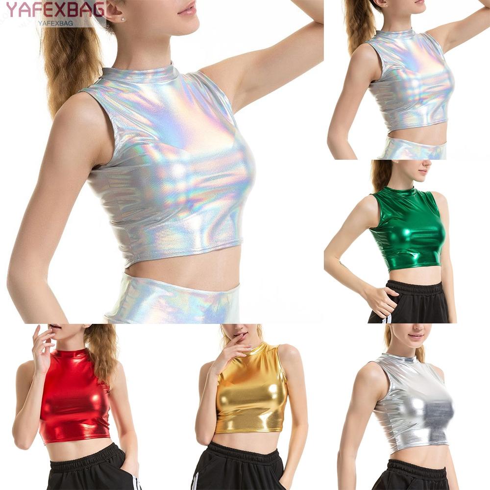 Women Faux Leather Shiny Wetlook Mock Neck Crop Top Vest Tank Top Dance Clubwear