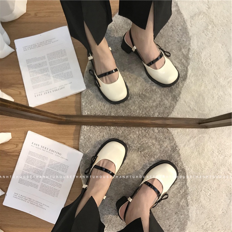 Giày Sandal Nữ Mary Jane Da Bóng Gót Vuông Phối Nơ Thời Trang - SA013