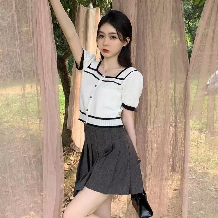 【Hana and Alice】Áo Thun Dệt Kim Tay Ngắn Cổ Vuông Phong Cách Pháp Thời Trang Mùa Hè Cho Nữ