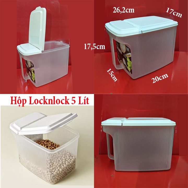 hộp nhựa đựng thực phẩm nắp mở đứng vuông góc 5L có quai cầm. 26,2x17cm cao 17,5cm. Locknlock HTE539