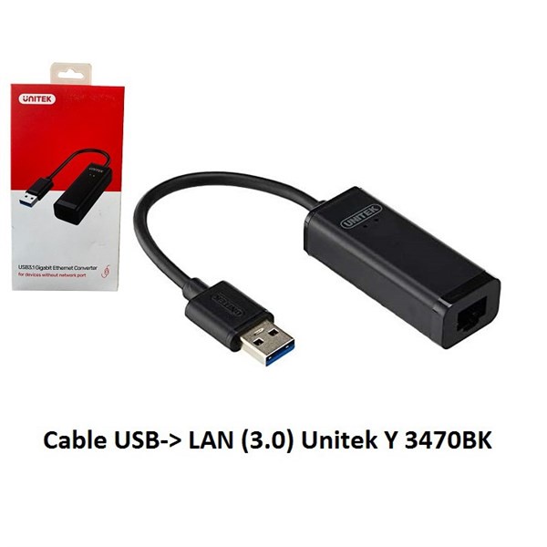 Cáp chuyển USB sang cổng mạng LAN (Enthernet) - usb to lan - usb ra lan, Cable USB ---&gt; Lan 3.1 Unitek (Y3470BK)