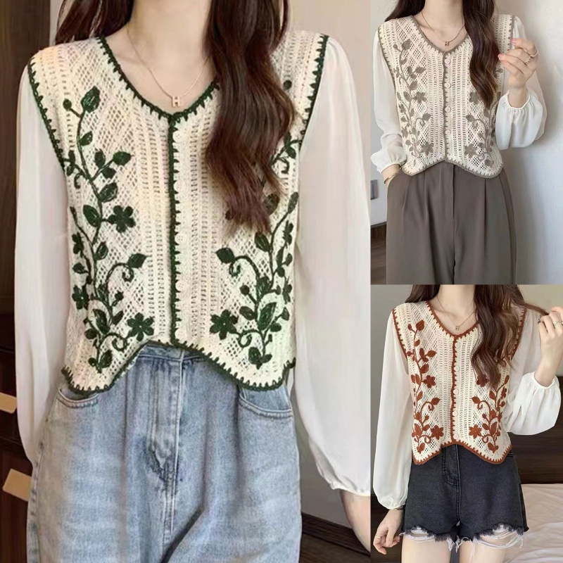 Áo Sơ Mi Chiffon Dài Tay Cổ Chữ V Thêu Hoa Phong Cách Pháp