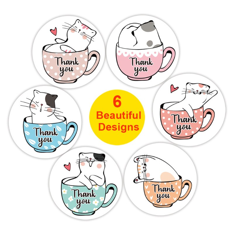 Cuộn 500 Nhãn Dán Trang Trí Hình Tròn Họa Tiết Chữ Thank You Và Mèo Hoạt Hình Dễ Thương
