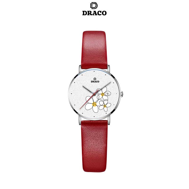 Đồng hồ nữ Draco D22-STN01 "Flower Garden" trắng kết hợp chất liệu dây da bò màu đỏ - phụ kiện thời trang nữ nhẹ nhàng