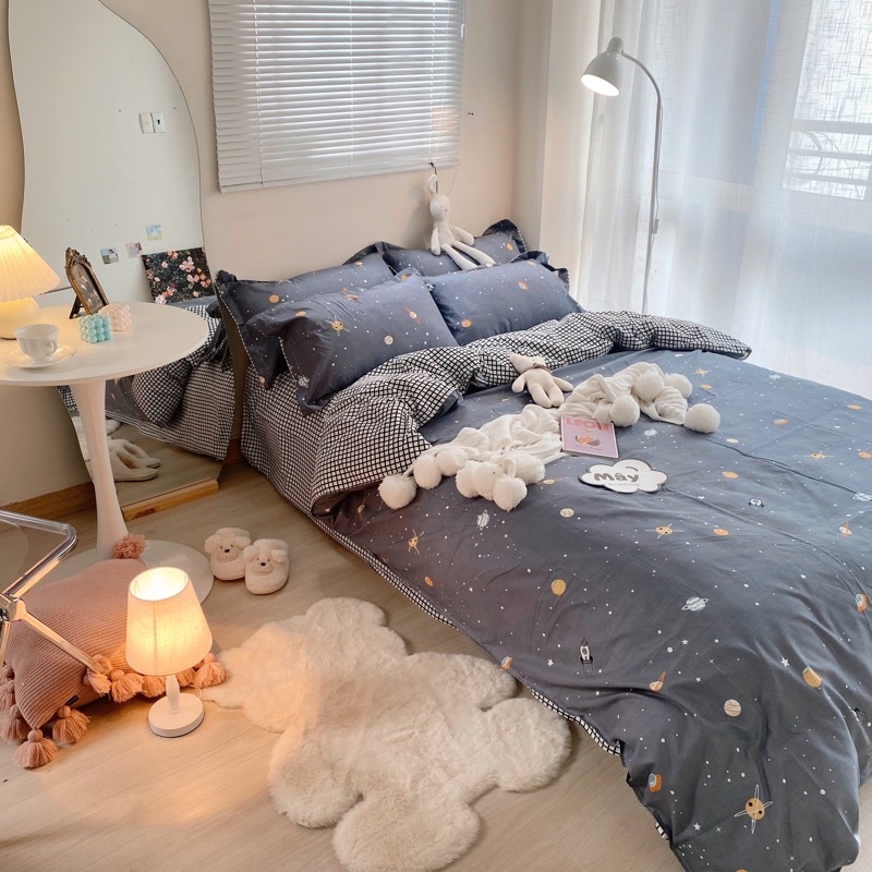 Bộ chăn ga gối Cotton Poly hoạ tiết trời đêm tối màu đen xanh đậm MÂY BEDDING đủ kích thước nệm