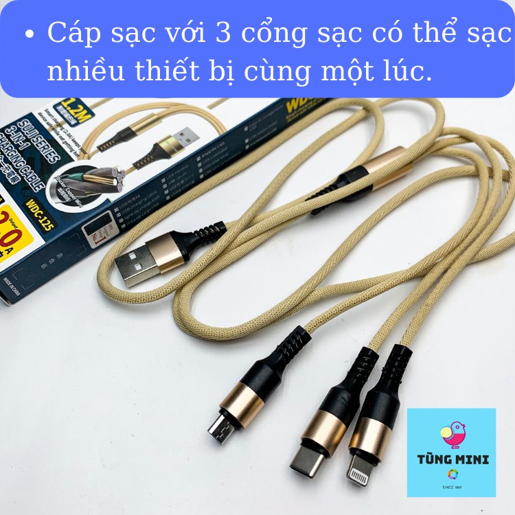 Cáp Sạc Nhanh 3 Đầu Lightning, Type C, Micro USB WDC125 - Dây Cáp Sạc Nhanh Dây Dù Siêu Bền Chính Hãng