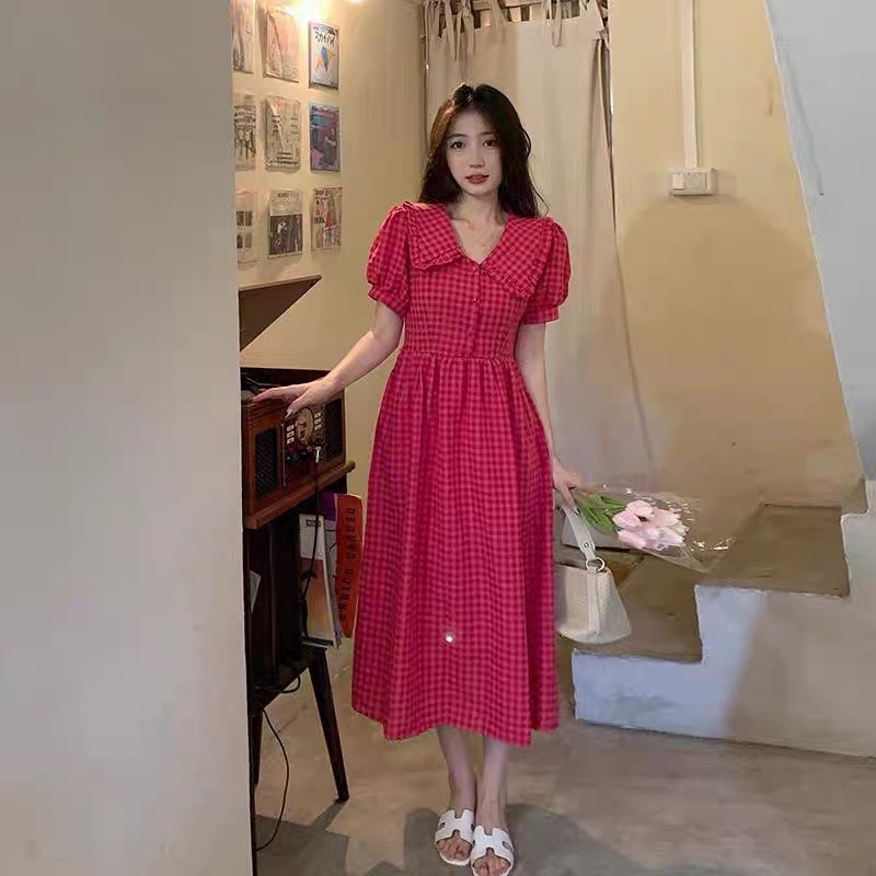 Váy Babydoll Kẻ Hồng Dáng Dài Siêu Xinh
