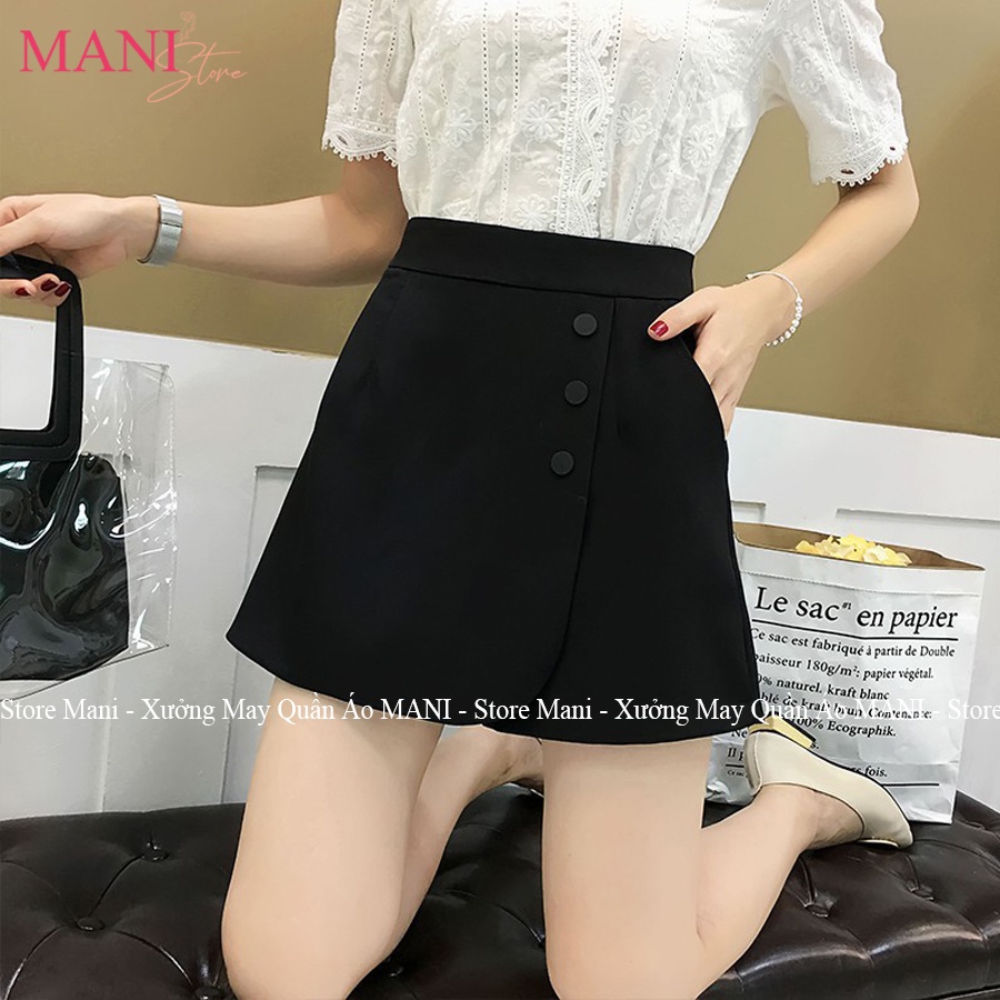 Quần giả váy chữ a ngắn phối 3 cúc bấm chất vải tuyểt mưa màu đen khóa sau giọt lệ trẻ trung năng động