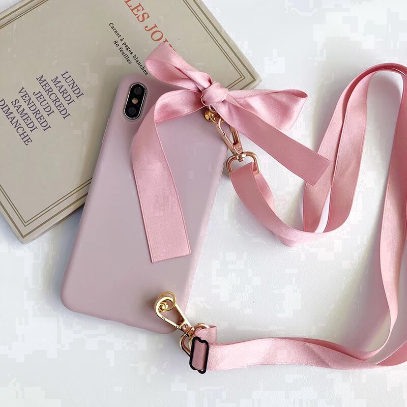 Cute Bow Tie Bag Silicon Phone Case For Samsung Galaxy S10 Note 10 Lite Note 5 A9 Pro 2016 J6 J4 A6 A8 J4+ J6+ Plus J2 J7 Grand Prime A2 Core Soft Simple Cover With Lanyard Strap